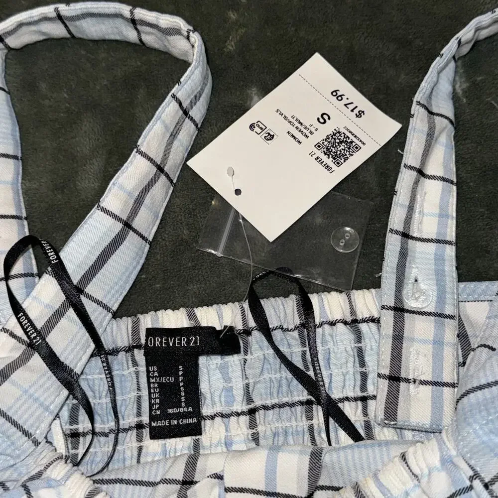 Forever 21 Crop Top Women's Small Blue Plaid Square Neck Smock Back Cottagecore - Picture 6 of 7